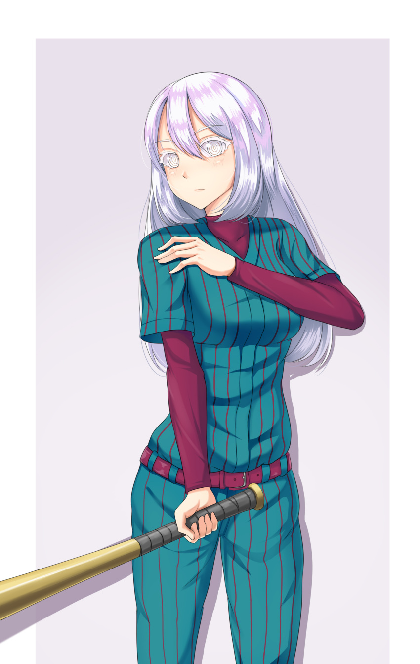 1girl, absurdres, baseball_bat, baseball_uniform, belt, belt_buckle, blue_shirt, buckle