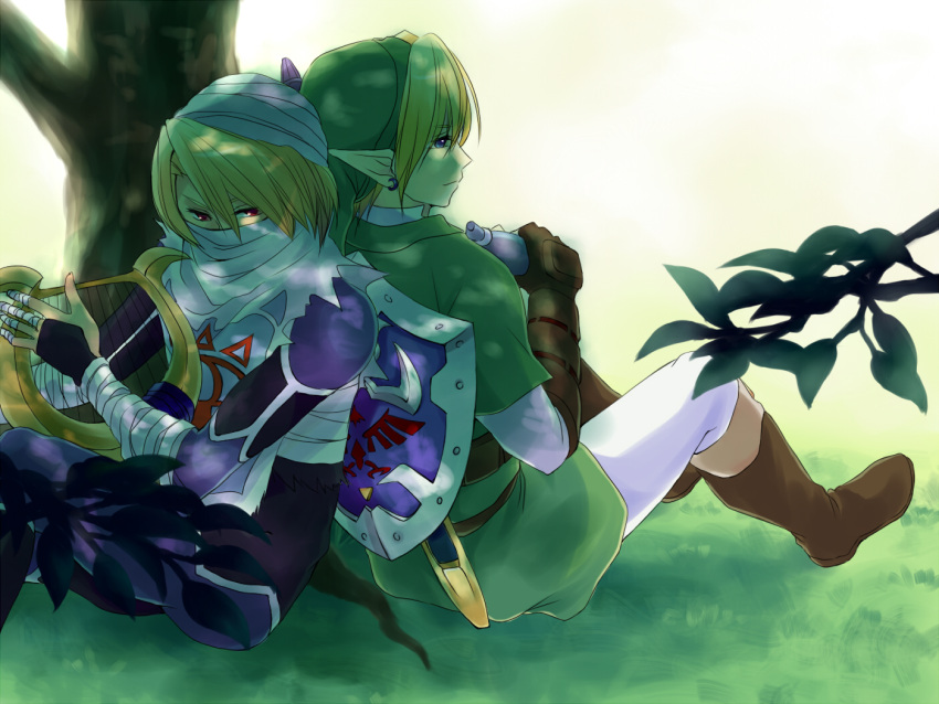 arumu, back-to-back, back_to_back, bad_anatomy, bandage, bandages, blonde_hair, blue_eyes, braid, earrings, gloves, harp, hat, instrument, jewelry, link, long_hair, mask, nintendo, ocarina, ocarina_of_time, pointy_ears, red_eyes, reverse_trap, sheik, shield, surcoat, the_legend_of_zelda