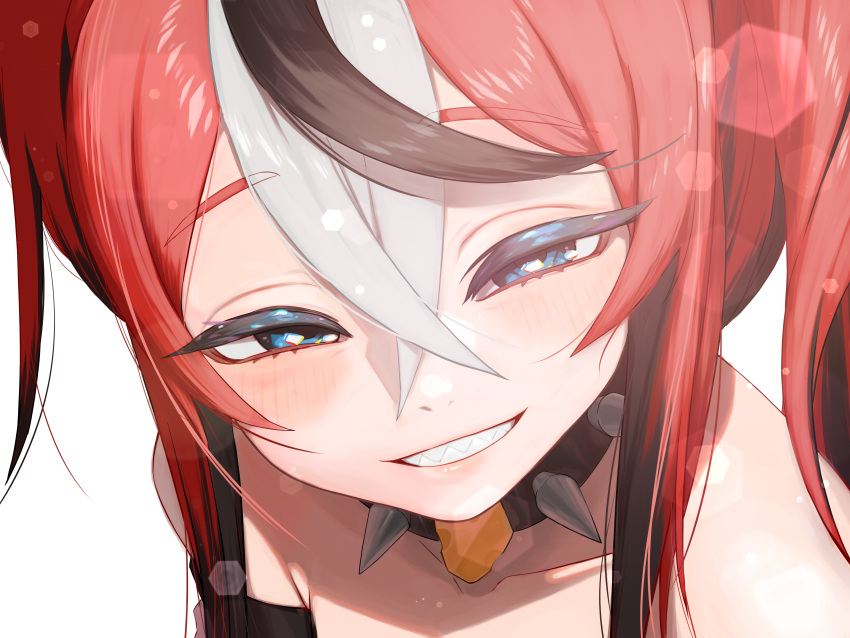1girl, absurdres, black_streaks, blue_eyes, butayaro_kr, cheese, collar, commentary_request