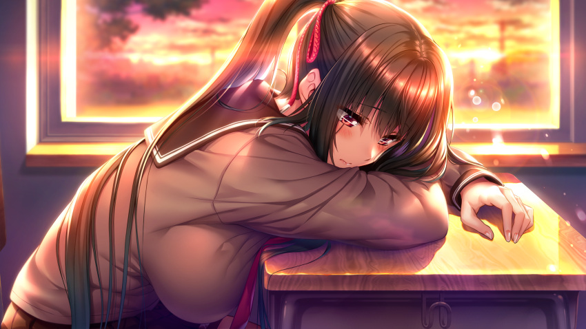 1girl, amakano_2, black_hair, blush, breasts, classroom, closed_mouth, desk