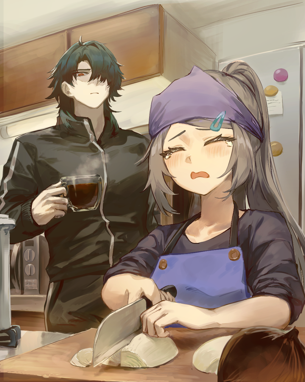 1boy, 1girl, ahoge, alternate_costume, apron, black_hair, blade_(honkai:_star_rail), blue_hair