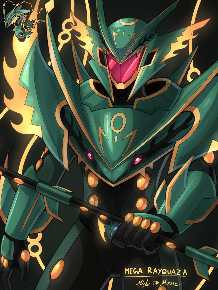 absurdres, armor, artist_name, black_background, black_gloves, character_name, gloves, helmet, highres, holding, holding_weapon, kamen_rider, mega_pokemon, mega_rayquaza, mielthemouse, personification, pokemon, pokemon_(creature), rayquaza, reference_inset, weapon