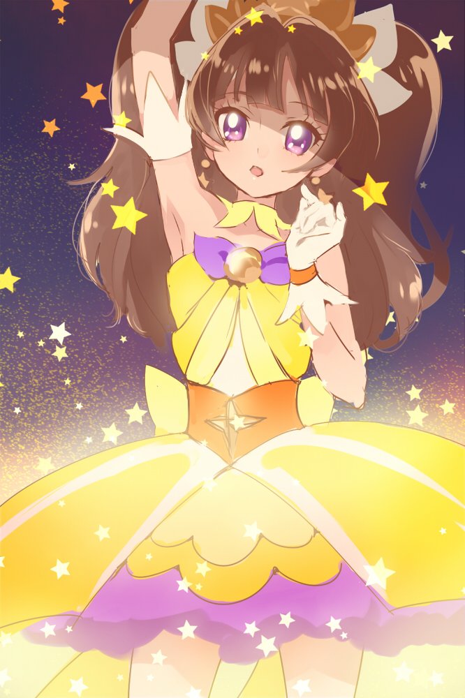 1girl, amanogawa_kirara, arm_up, brown_hair, commentary_request, cosplay, cowboy_hat, cure_twinkle