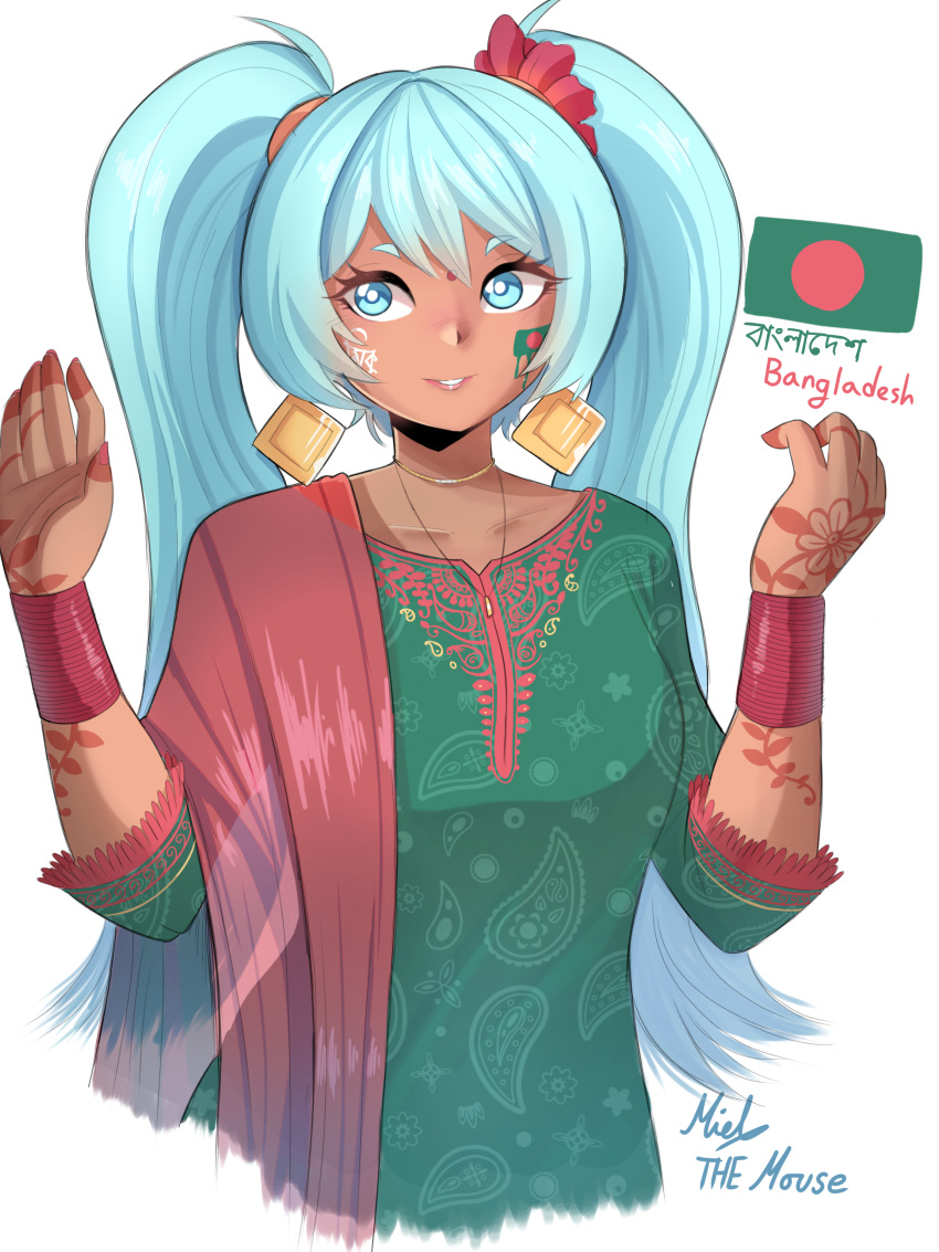 1girl, absurdres, artist_name, bangladeshi_clothes, bangladeshi_flag, commentary_request, dark-skinned_female, dark_skin
