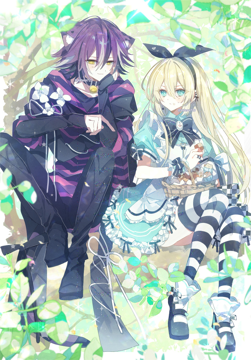 1boy, 1girl, :/, absurdres, alice's_adventures_in_wonderland, alice_(alice_in_wonderland), animal_ear_fluff, animal_ears