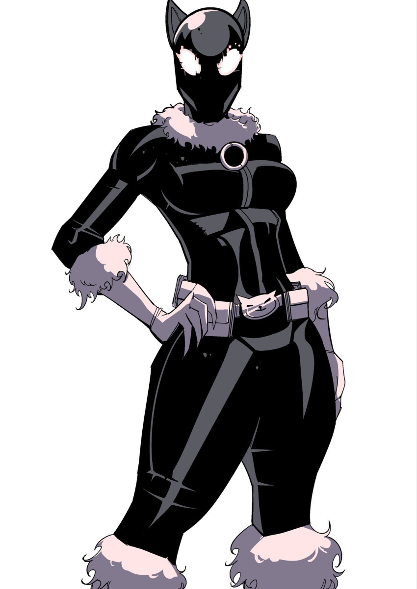 1girl, anakoly1, black_bodysuit, black_cat_(marvel), black_mask, bodysuit, clawed_gloves, fur-trimmed_bodysuit, highres, latex, marvel, mask, simple_background, solo, spider-man_(series), superhero_costume, white_background