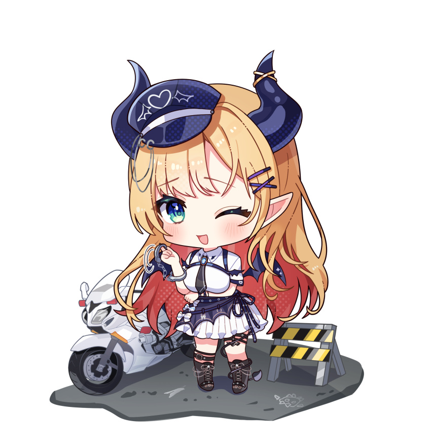 1girl, black_boots, black_necktie, blonde_hair, blush, boots, breasts, chibi