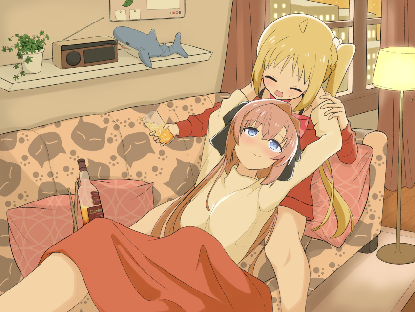 2girls, absurdres, ahoge, ariita-san, blonde_hair, blue_eyes, blue_ribbon, bocchi_the_rock!