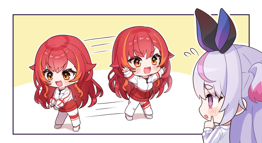 2girls, :3, :d, @_@, arms_up, chibi, chibi_only, commentary_request