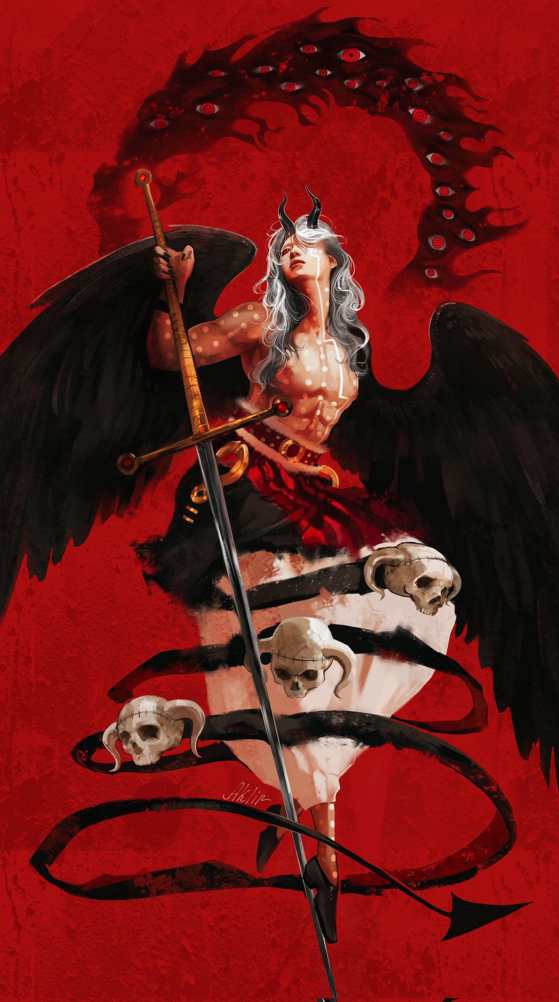 1boy, aklirkiefer, androgynous, black_nails, black_wings, body_markings, dark-skinned_male, dark_skin, demon_boy, demon_horns, demon_tail, disembodied_eye, full_body, fur-trimmed_belt, hair_over_one_eye, highres, holding, holding_sword, holding_weapon, horns, huge_weapon, long_hair, male_focus, nerona_imu, one_piece, puffy_pants, red_background, red_eyes, skull, sword, tail, toned, toned_male, topless_male, weapon, white_hair, wings