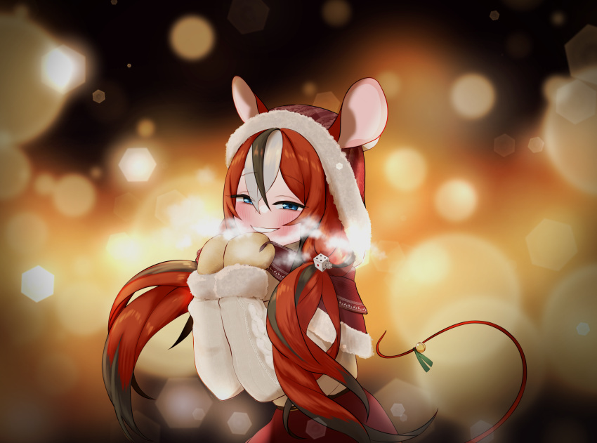 1girl, animal_ears, bell, black_hair, blue_eyes, butayaro_kr, capelet, dice_hair_ornament