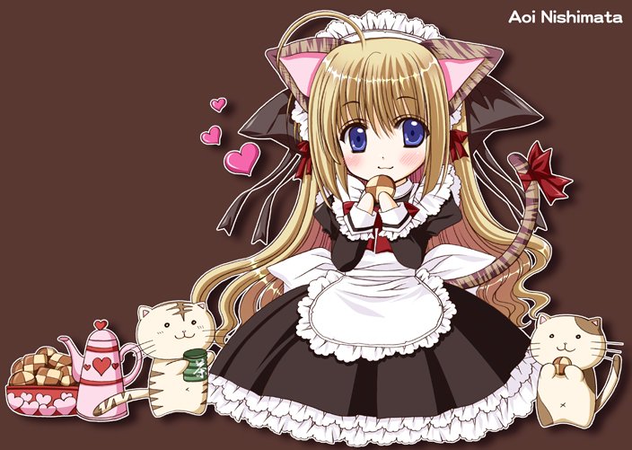 1girl, 2000s_(style), 2others, :3, animal_ears, apron, back_bow, basket