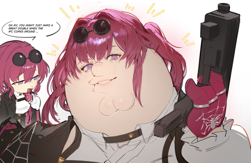 1boy, 1girl, black_jacket, cleft_chin, cosplay, english_text, eyewear_on_head, family_guy