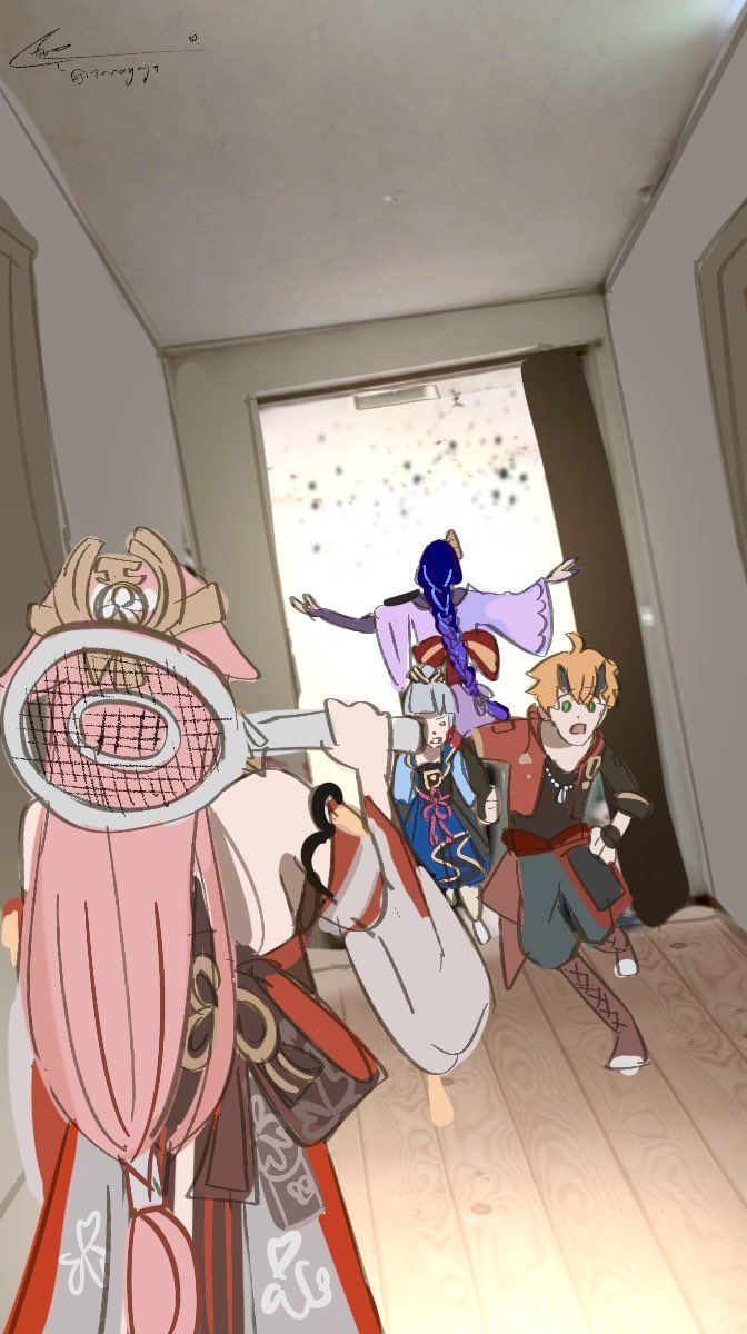1boy, 3girls, ahoge, ai-generated_art_(topic), animal_ears, armor, asymmetrical_sleeves, bare_shoulders