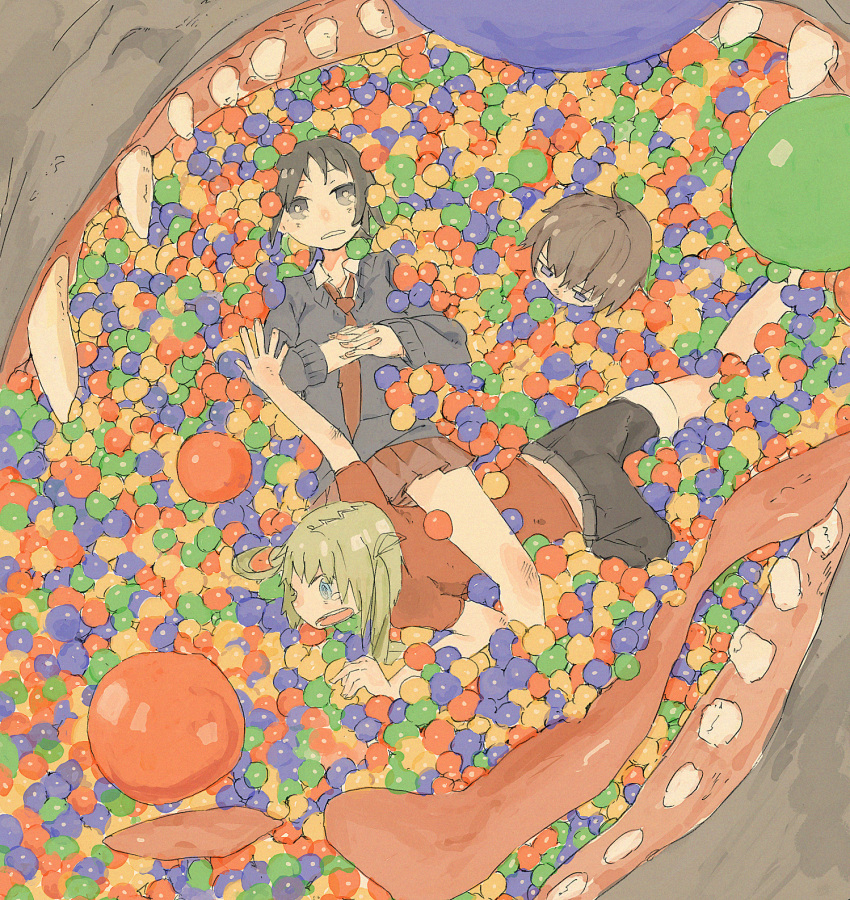 ball, ball_pit, black_eyes, black_hair, green_eyes, green_hair, highres, mizu_denpa