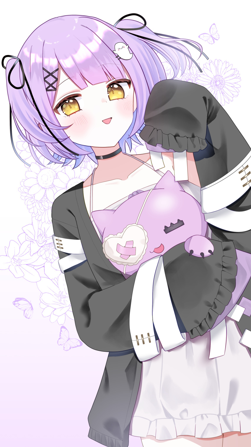 1girl, absurdres, black_choker, black_jacket, black_ribbon, blush, choker, commentary, dress, floral_background, ghost_hair_ornament, hair_ornament, hair_ribbon, hair_tie, highres, jacket, looking_at_viewer, open_mouth, purple_hair, ribbon, sato_iori_(pixiv_87640444), shinomiya_runa, shinomiya_runa_(1st_costume), sleeves_past_fingers, sleeves_past_wrists, solo, stuffed_animal, stuffed_toy, untranslatable_commentary, virtual_youtuber, vspo!, white_dress, yellow_eyes