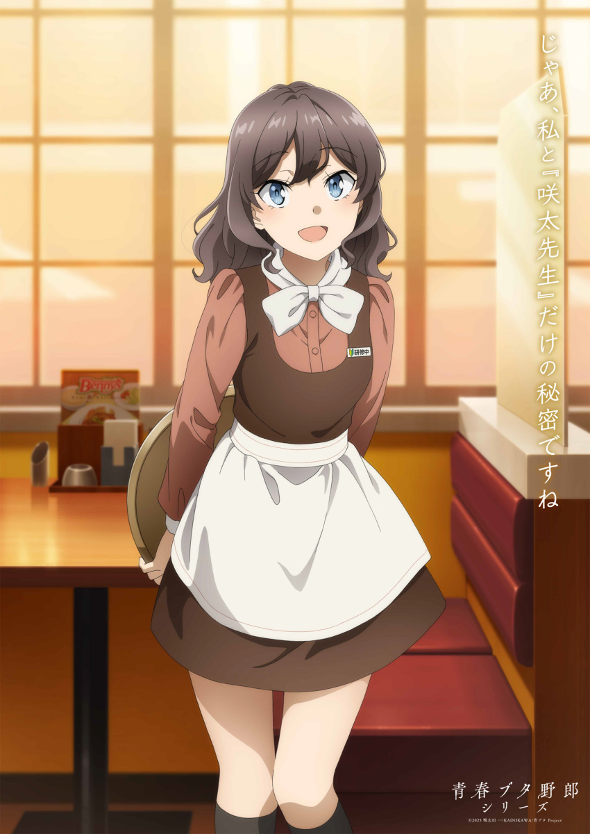 1girl, apron, black_socks, blue_eyes, bow, bowtie, brown_hair, copyright_name