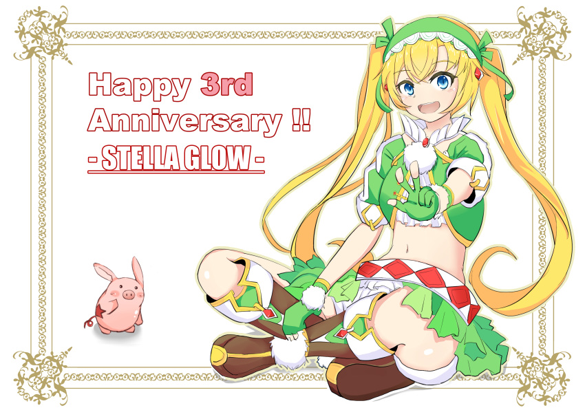1girl, absurdres, anniversary, blonde_hair, blue_eyes, boots, bubu_(stella_glow), finger_counting, fingerless_gloves, gloves, green_gloves, happy_anniversary, highres, indian_style, liberty, long_hair, looking_at_viewer, midriff, navel, pig, pom_pom_(clothes), popo_(stella_glow), puffy_short_sleeves, puffy_sleeves, short_sleeves, shorts, sitting, smile, solo, stella_glow, teeth, twintails, upper_teeth_only, very_long_hair, w, white_shorts