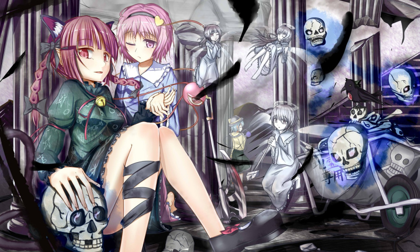 braid, cat_ears, cat_tail, darren, kaenbyou_rin, komeiji_koishi, komeiji_satori, pink_eyes