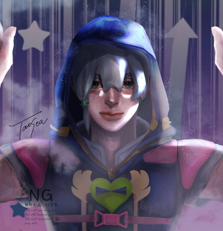 1boy, arrow_(symbol), belt, blue_overalls, book_cover_redraw, braid, closed_mouth, commentary