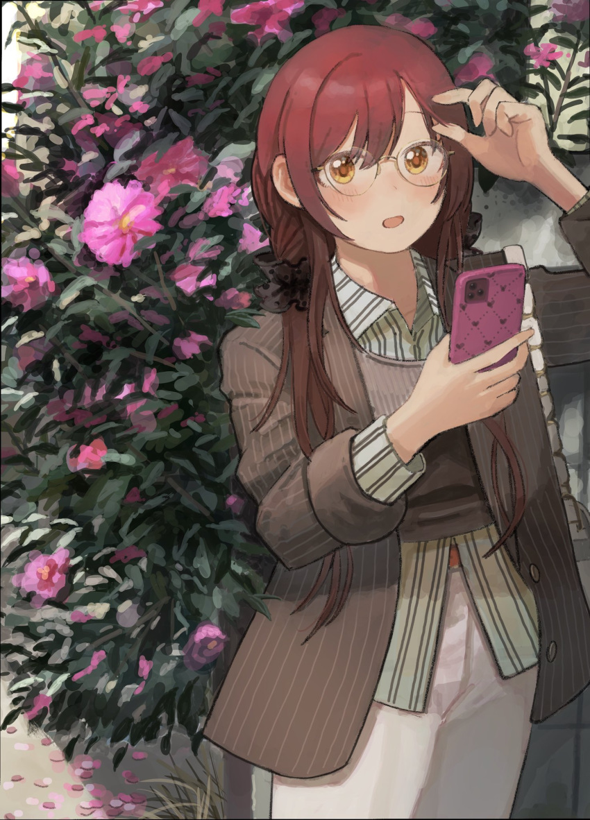1_kozin, 1girl, adjusting_hair, alternate_hairstyle, bag, belt, bespectacled, brown_hair, bush, cellphone, commentary_request, denim, dress_shirt, flower, flower_bush, glasses, grey_jacket, handbag, highres, holding, holding_phone, idolmaster, idolmaster_shiny_colors, jacket, jeans, layered_clothes, long_hair, long_sleeves, osaki_amana, pants, parted_lips, phone, pink_flower, red_hair, round_eyewear, shirt, solo, white_pants, white_shirt, yellow_eyes