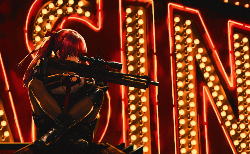 1girl, aiming, black_gloves, black_pantyhose, black_shoes, bullpup, commission, commissioner_upload, girls'_frontline_2:_exilium, girls_frontline, gloves, gun, highres, hitman_(game), holding, holding_gun, holding_weapon, makiatto_(girls'_frontline_2), michilinstuff, necktie, non-web_source, pantyhose, parody, purple_hair, red_eyes, red_necktie, rifle, scope, shoes, sign, sniper_rifle, solo, wa2000_(girls'_frontline), walther_wa_2000, weapon