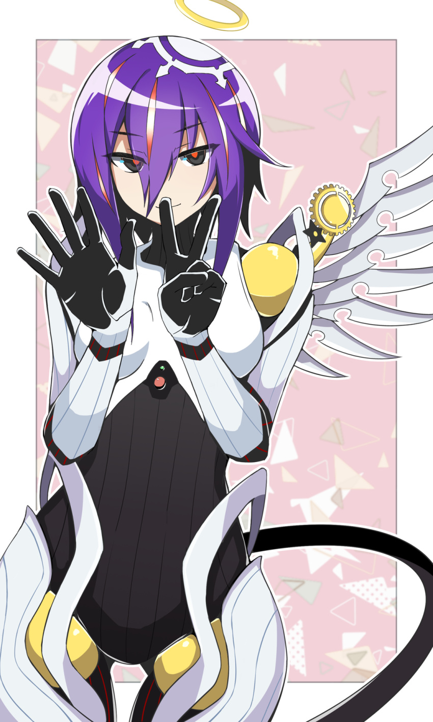 1girl, black_eyes, commentary_request, doll_joints, finger_counting, giselle_(stella_glow), highres, joints, liberty, looking_at_viewer, purple_hair, red_pupils, robot_girl, single_mechanical_wing, solo, stella_glow, textless_version