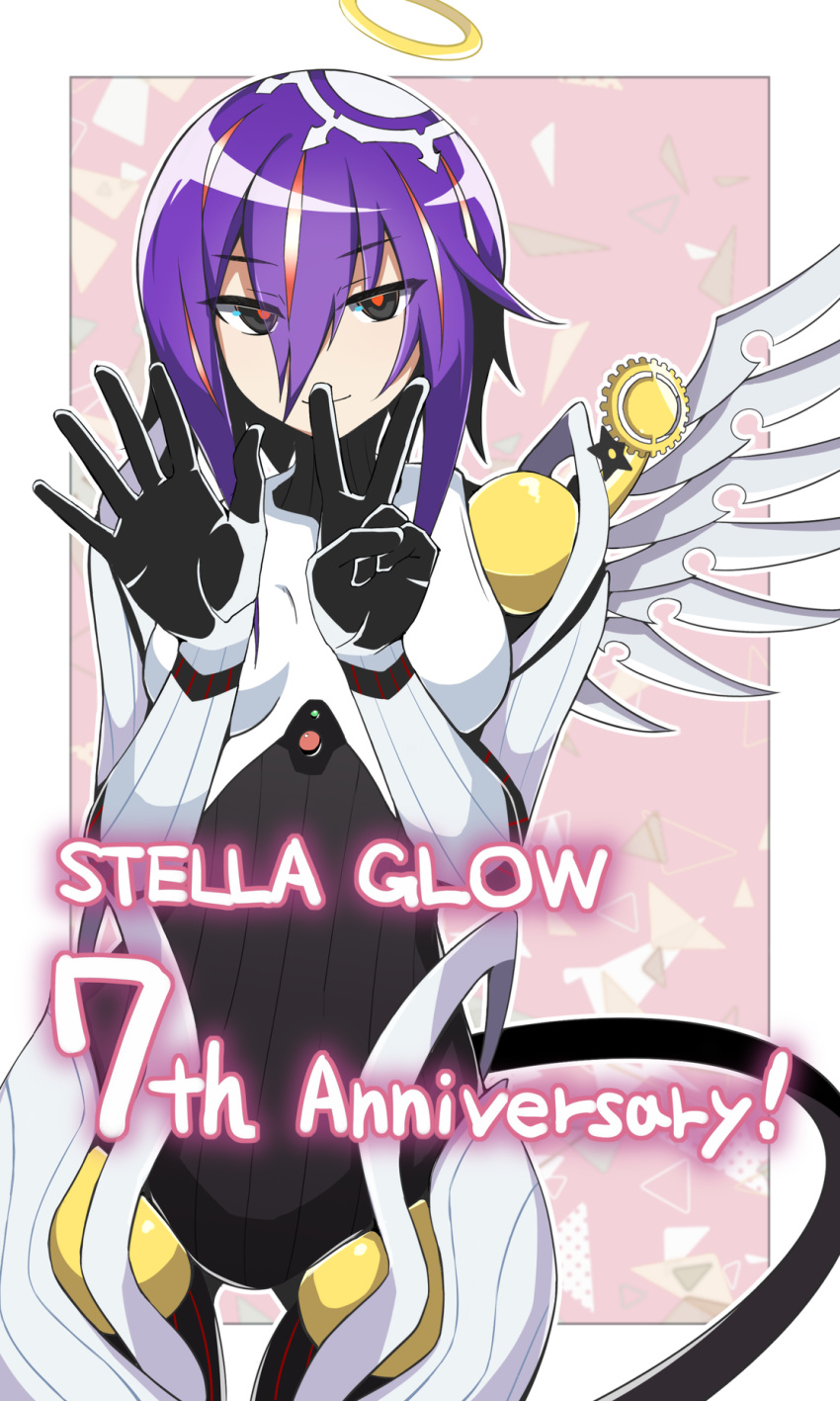 1girl, anniversary, black_eyes, commentary_request, doll_joints, finger_counting, giselle_(stella_glow), highres, joints, liberty, looking_at_viewer, purple_hair, red_pupils, robot_girl, single_mechanical_wing, solo, stella_glow