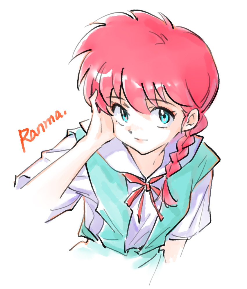 1girl, akirakawa, blue_eyes, braid, character_name, closed_mouth, commentary_request, hand_on_own_cheek, hand_on_own_face, highres, neon_genesis_evangelion, ranma_1/2, red_hair, saotome_ranma, saotome_ranma_(female), school_uniform, single_braid, smile, solo, tokyo-3_middle_school_uniform, white_background