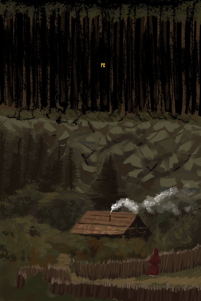 1girl, black_souls, dark_background, dark_forest, darkwood, forest, haru_hogomi, house, little_red_riding_hood_(fairy_tale_character), nature, red_hood, red_hood's_woods, red_hood_(black_souls)