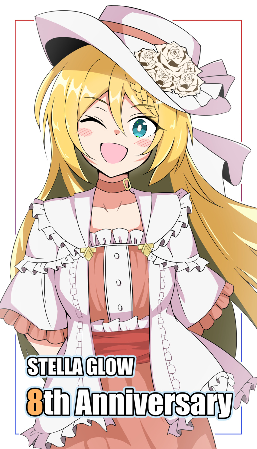 anastasia_(stella_glow), anniversary, blonde_hair, blue_eyes, blush, choker, commentary_request, dress, hat, highres, liberty, one_eye_closed, pink_dress, smile, stella_glow, white_hat