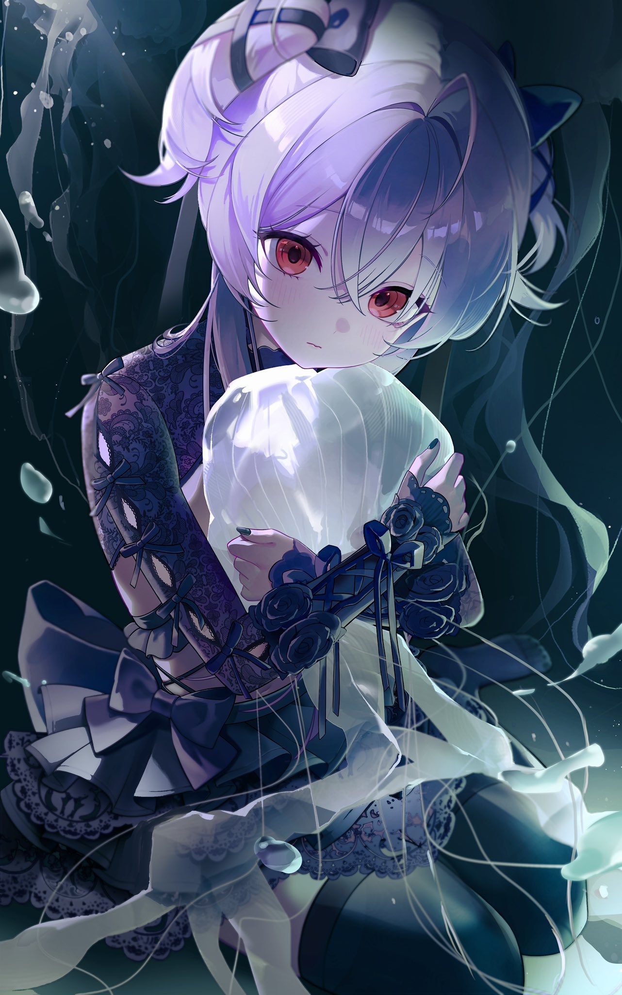 1girl, ahoge, black_bow, black_nails, black_skirt, black_thighhighs, blush, bow
