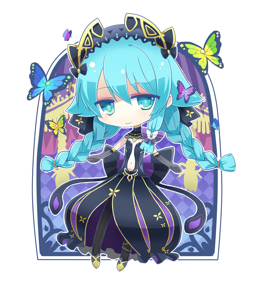 1girl, back_ribbon, black_dress, black_gloves, black_pantyhose, blue_eyes, blue_hair, braid