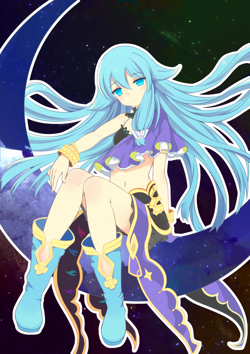 1girl, ankle_boots, black_skirt, blue_boots, blue_eyes, blue_hair, boots, bracelet