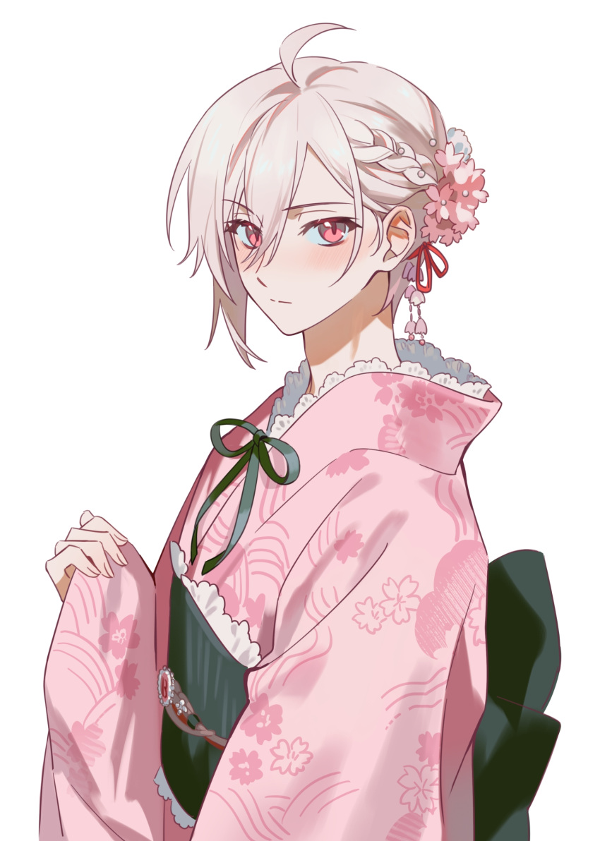 1boy, ahoge, braid, chinese_commentary, commentary_request, crossdressing, crossdressing_(mtf), floral_print, floral_print_kimono, hair_between_eyes, hair_ornament, hair_ribbon, hand_up, highres, idolish7, japanese_clothes, kanzashi, kimono, kujo_tenn, lace, lace-trimmed_kimono, lace_trim, long_sleeves, looking_at_viewer, male_focus, obi, obiage, obijime, pink_kimono, print_kimono, red_ribbon, ribbon, sash, sheesixp, short_hair, simple_background, solo, trap, upper_body, white_background, wide_sleeves