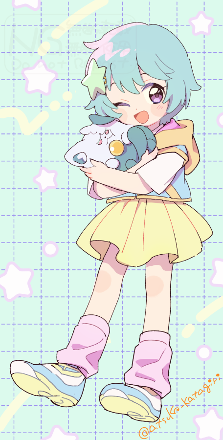 1girl, animal_hug, aqua_hair, blue_hoodie, commentary, creature, hair_ornament, hood