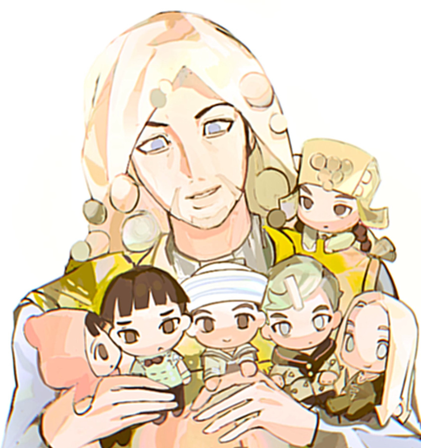 2girls, 5boys, adoptive_parent_and_adoptive_child, beard, black_bow, black_bowtie, black_eyes, black_hair