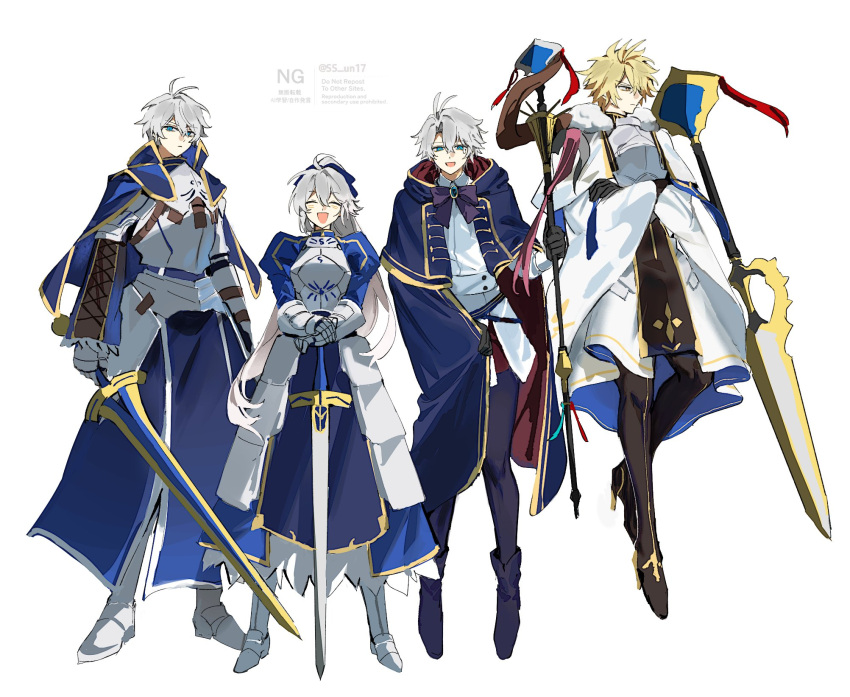 1girl, 3boys, alternate_form, antenna_hair, armor, armored_boots, armored_dress, arthur_pendragon_(fate)