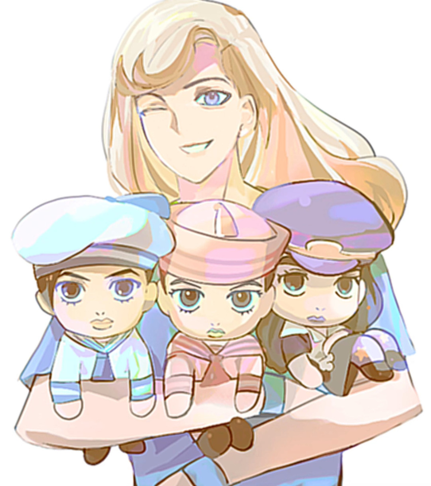 2boys, 2girls, apron, black_dress, black_hair, blonde_hair, blue_eyes, blue_hat