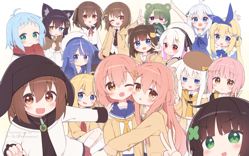 2boys, 6+girls, :d, :o, ;d, ahoge, alice_(ayanepuna), animal_ear_fluff