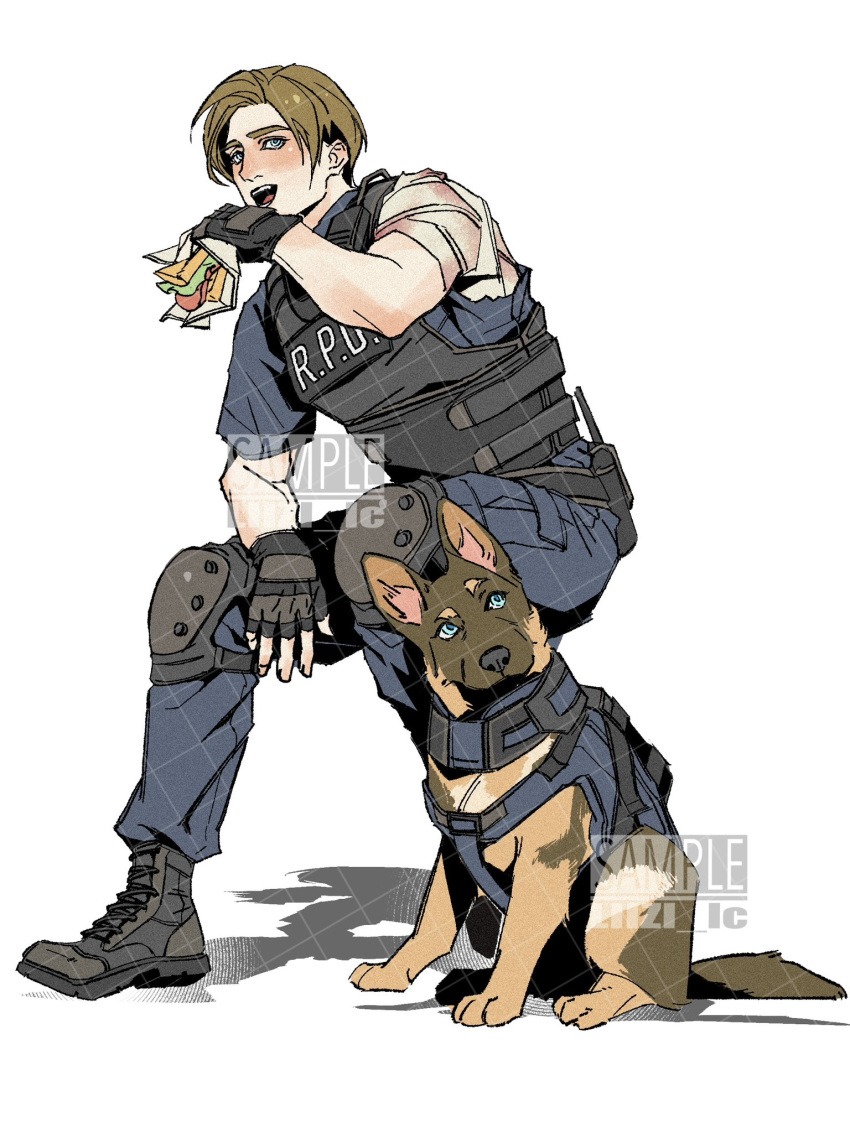 1boy, bandaged_arm, bandages, black_gloves, black_vest, blood, blood_on_bandages, blue_eyes