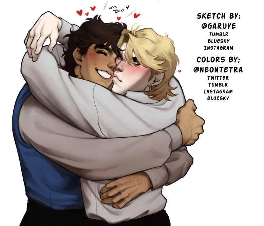 2boys, artist_collaboration, birthmark, blonde_hair, blush, brown_hair, closed_eyes, closed_mouth