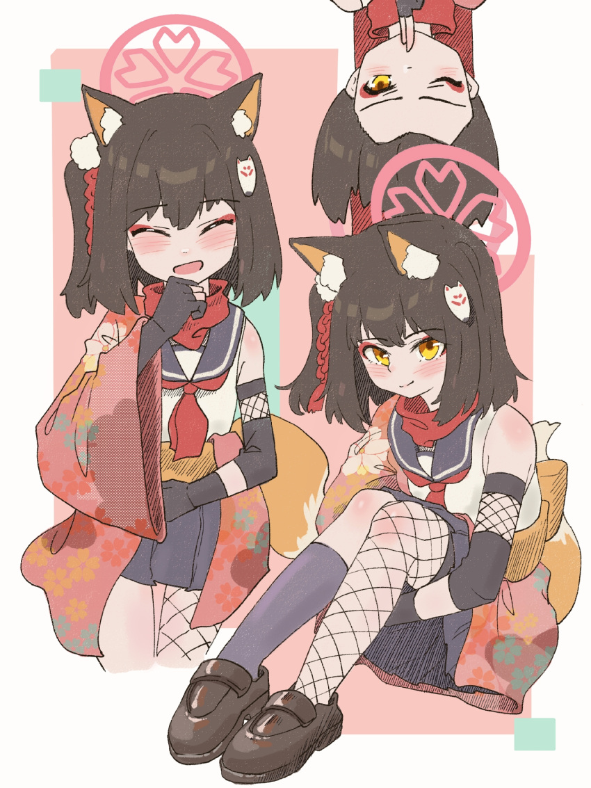1girl, animal_ear_fluff, animal_ears, asymmetrical_legwear, bare_shoulders, black_gloves, black_serafuku, black_socks