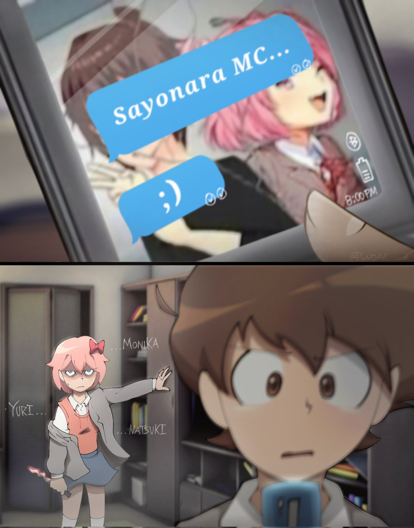 1boy, 1girl, black_shirt, blue_eyes, bow, brown_eyes, brown_hair, cellphone, doki_doki_literature_club, elunityxd, flip_phone, grey_jacket, hair_bow, highres, holding, holding_knife, holding_phone, imminent_death, jacket, knife, natsuki_(doki_doki_literature_club), neck_ribbon, open_clothes, open_jacket, orange_vest, parted_lips, phone, pink_hair, protagonist_(doki_doki_literature_club), red_bow, red_ribbon, ribbon, scene_reference, school_days, shaded_face, shirt, short_hair, vest, white_shirt, yandere