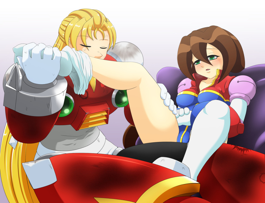 1boy, 1girl, android, blonde_hair, brown_hair, capcom, damaged, feet