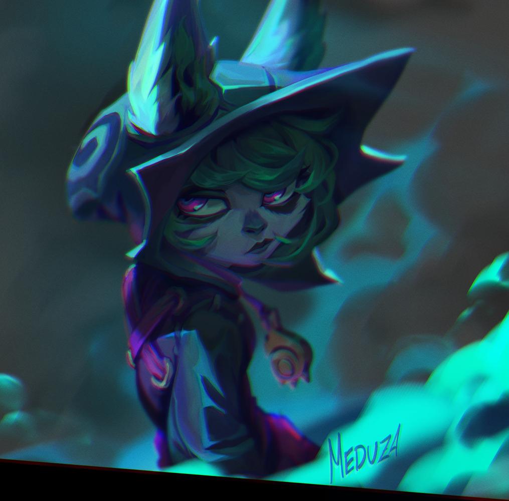 1girl, bags_under_eyes, colored_skin, commentary, curly_hair, english_commentary, green_hair, grey_skin, hood, hood_up, league_of_legends, lips, meduza, solo, vex_(league_of_legends), violet_eyes, yordle