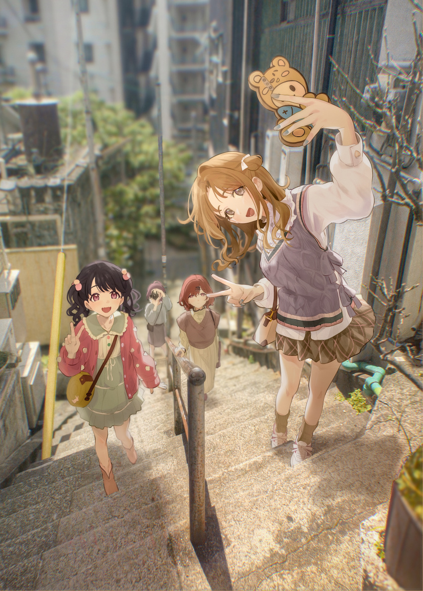 4girls, absurdres, asakura_toru, bag, black_hair, blue_nails, brown_hair, brown_skirt