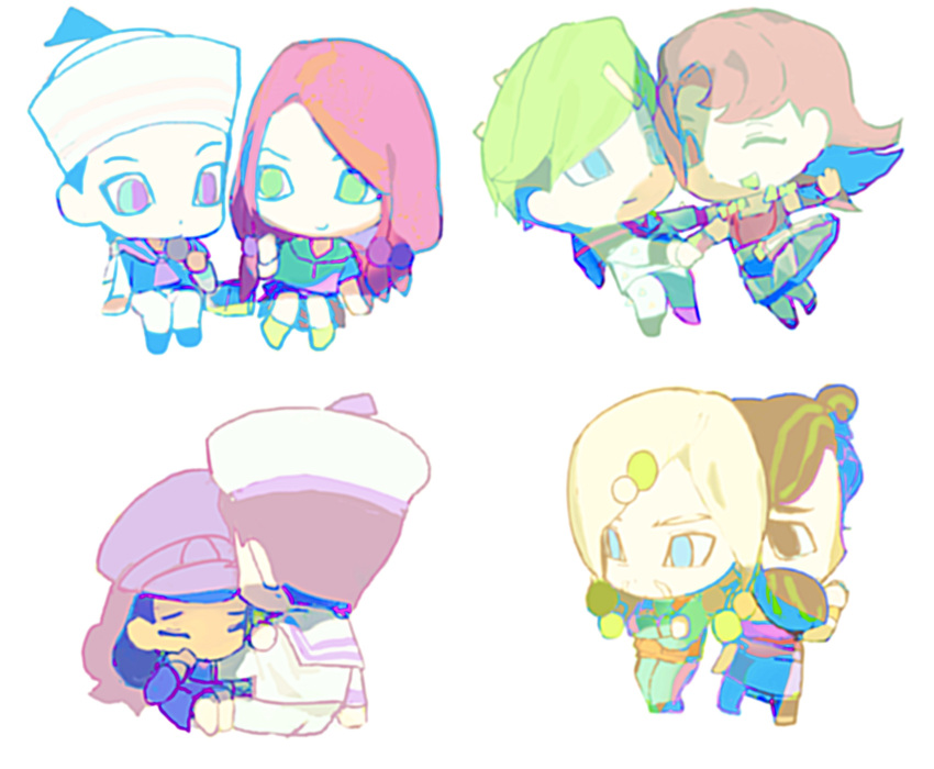 4boys, 4girls, aqua_shirt, back-to-back, black_hair, blonde_hair, blue_eyes, blue_hat