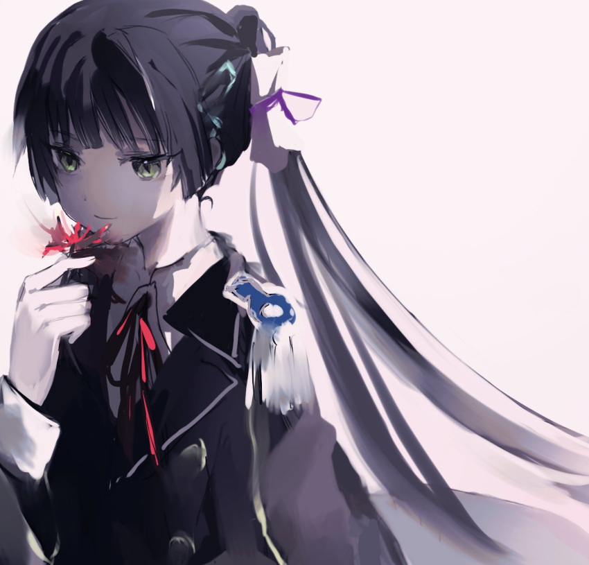 1girl, black_hair, closed_mouth, commentary_request, epaulettes, flower, green_eyes, heaven_burns_red