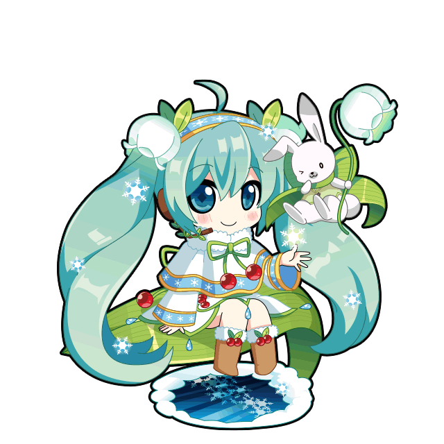 1girl, ahoge, aqua_hair, black_outline, blue_eyes, blue_hairband, blush, boots, brown_boots, capelet, chibi, chibi_only, closed_mouth, diamond-shaped_pupils, diamond_(shape), flower, full_body, fur-trimmed_capelet, fur_boots, fur_trim, game_asset, hair_between_eyes, hair_flower, hair_ornament, hairband, hatsune_miku, hatsune_miku_graphy_collection, headset, lily_of_the_valley, long_hair, long_sleeves, looking_at_viewer, on_leaf, outline, rabbit_yukine, sitting, skirt, smile, symbol-shaped_pupils, transparent_background, twintails, very_long_hair, vocaloid, white_capelet, white_skirt, yuki_miku, yuki_miku_(2015)